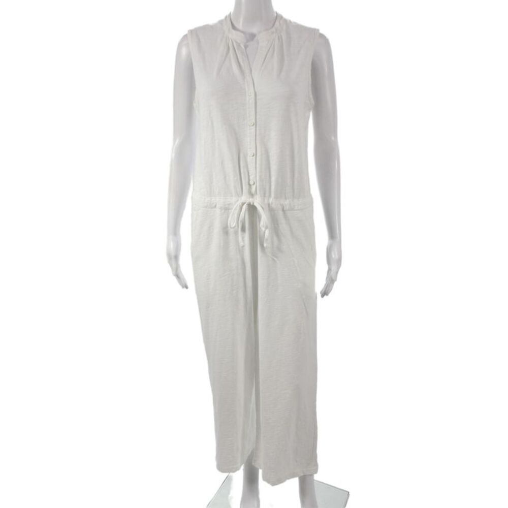 Leallo Women Jumpsuit White Cotton Henley Button Sleeveless Casual Size S